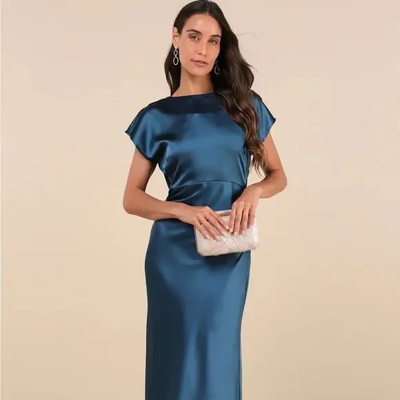 Lulus Captivating Presence Dark Teal Satin Cowl Back Maxi Dress Size Small NEW - Picture 4 of 12